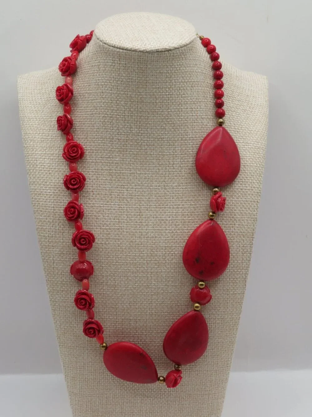 Red Rose and Large Tear Drop Beaded Statement Necklace